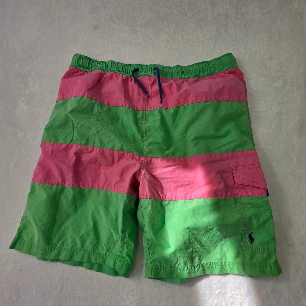 Polo Ralph Lauren Mens XL Pink Green Striped Swim Trunks Cargo Pocket Mesh Lined